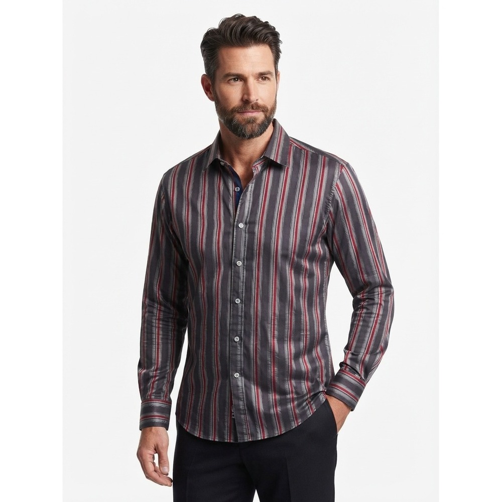 Georg Roth Los Angeles Striped Button Up Long Sleeve Shirt Grey Red Medium 39/40